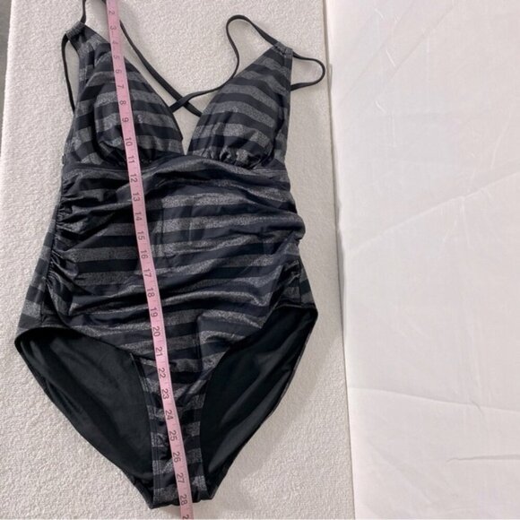 Women’s Black & Metallic Grey Striped One Piece Bathing Suit Swimsuit XL - Picture 12 of 14